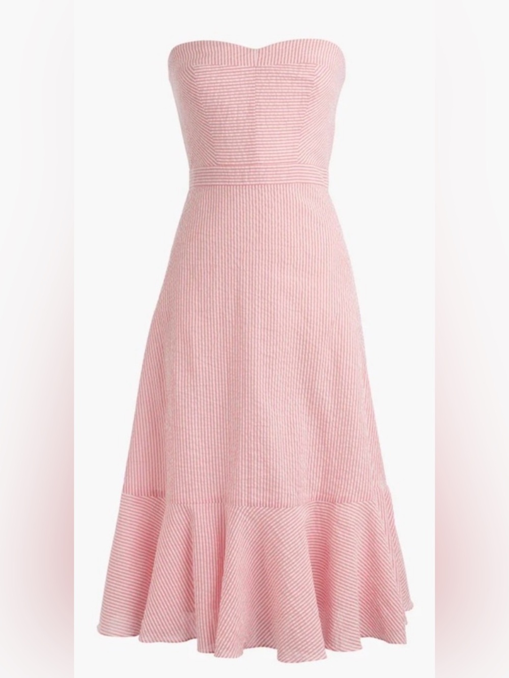 J. Crew Strapless Ruffle Hem Seersucker Midi Dress in Pink White NWT - Picture 1 of 15